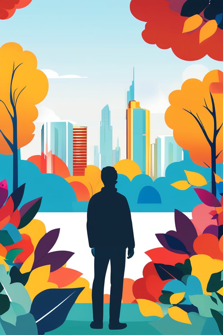 A flat design illustration of a person standing in a park looking at the city skyline, with vibrant colored leaves around. The style is clean and modern, with simple geometric forms, limited shading, and a balanced composition. The colors are bold and contrasting, giving a fresh and dynamic look, similar to retro-futuristic illustrations.