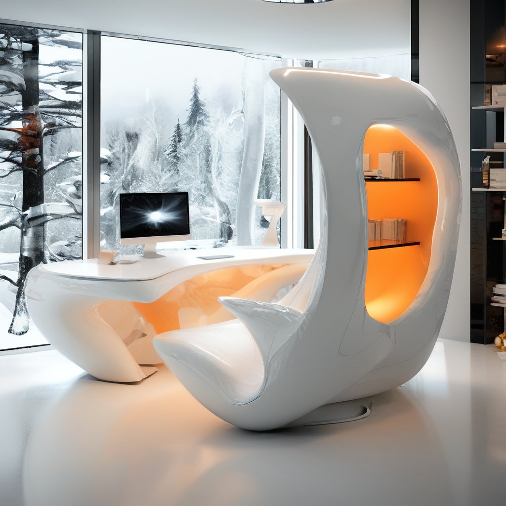 A futuristic, minimalist office space featuring a sleek, modern white desk with an organic, flowing design and built-in orange ambient lighting. The desk has a glossy finish and a unique, sculptural form. The room is illuminated by natural light streaming through large windows, offering a view of a snowy, wintery landscape with tall pine trees. Modern decor elements include abstract sculptures, a piece of modern art on the wall, and a comfortable white chair. The overall design is ultra-modern and clean, with a high-tech and luxurious feel.