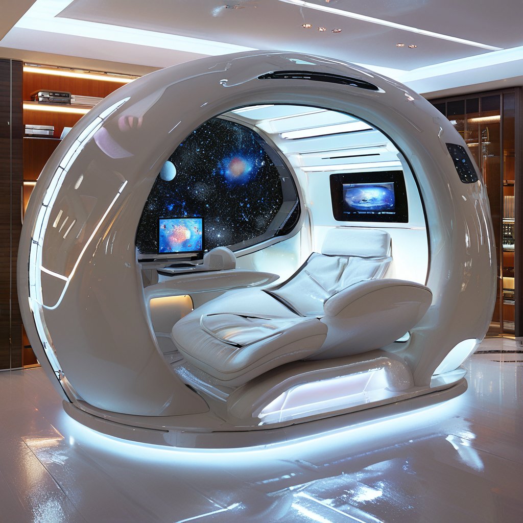 A luxurious, futuristic relaxation pod with an intricate design and cozy, modern interior. The pod is white with a glossy finish, featuring built-in ambient lighting and a starry, galaxy-themed interior. Inside, there is a comfortable, reclining chair perfect for reading or unwinding, with integrated screens and advanced technology. The surrounding room is modern and elegant, with wooden floors, bookshelves, and soft lighting, creating a perfect blend of high-tech and comfort.