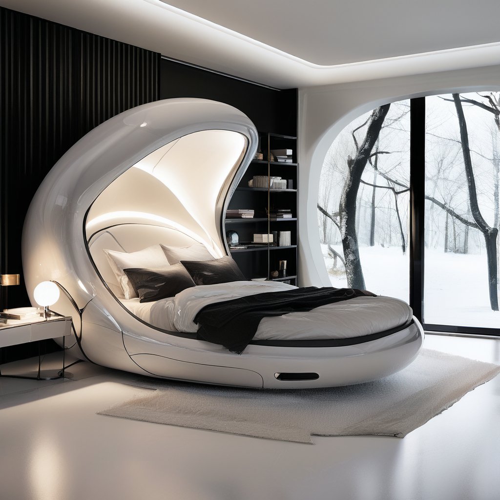 A futuristic, minimalist bedroom featuring a sleek, egg-shaped white pod bed with soft white bedding. The bed has a glossy black interior and a built-in headboard. The room is illuminated by natural light streaming through large windows, offering a view of a wintery landscape with bare trees. Modern decor elements include a black woven lamp on the floor, a set of shelves with books, and various tech gadgets. The overall design is ultra-modern and clean, with a high-tech and luxurious feel.