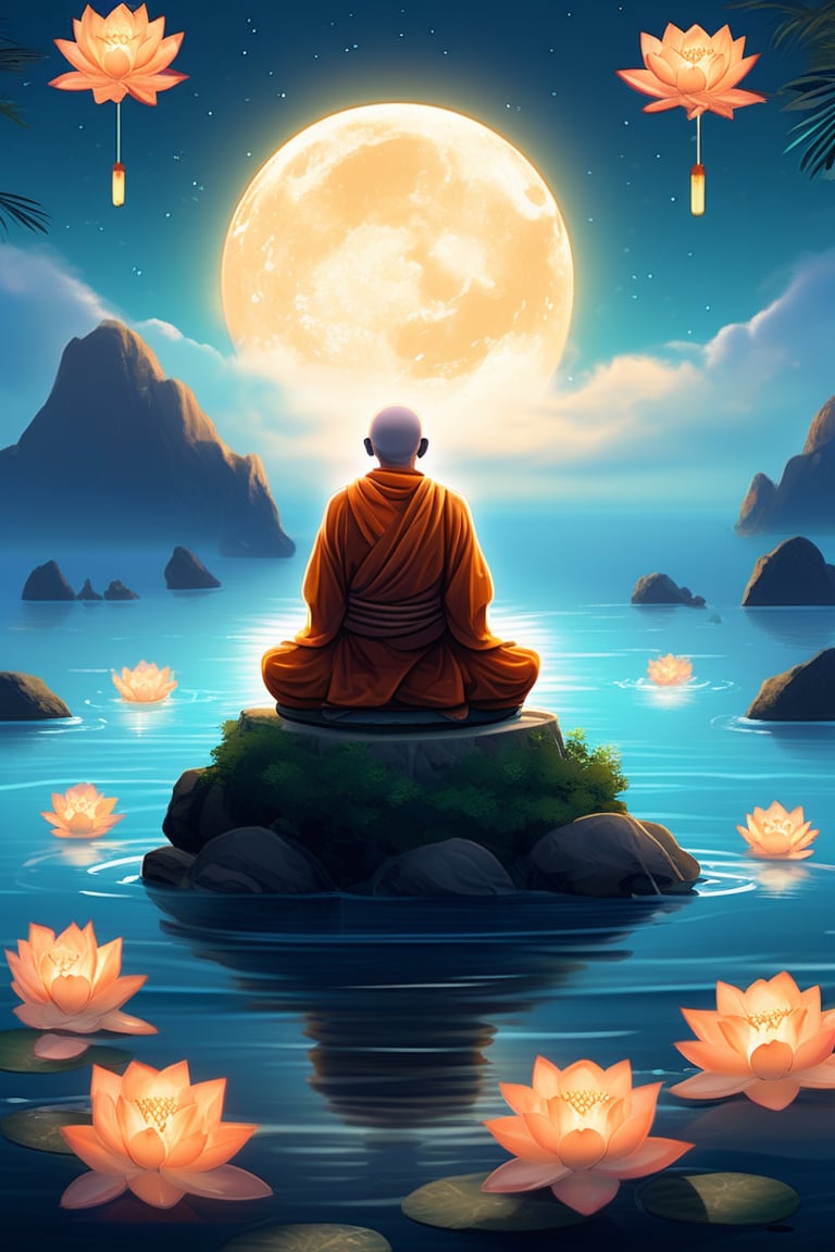 mystical, a wise old turtle monk meditating on a floating island above a tranquil ocean, wearing simple robes, surrounded by glowing lotus flowers, serene expression, soft moonlight casting a peaceful glow on the scene 
(settings by AIDigitalmediaaggency:0.0001),
OverallDetailXL