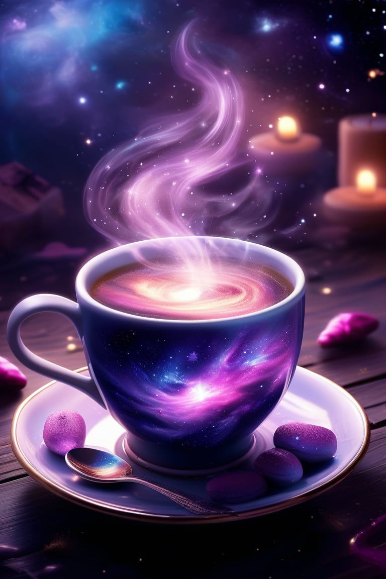 enchanting scene, a steaming cup of coffee, the liquid within the cup forms a swirling cosmic galaxy, The coffee surface is a mesmerizing mix of deep purples and blues and pinks dotted with stars and nebulae, fit the vastness of space inside the cup, The cup rests on a saucer that reflects the celestial patterns, surrounded by tiny star-shaped cookies and cosmic-themed decorations, The atmosphere is magical and dreamy,