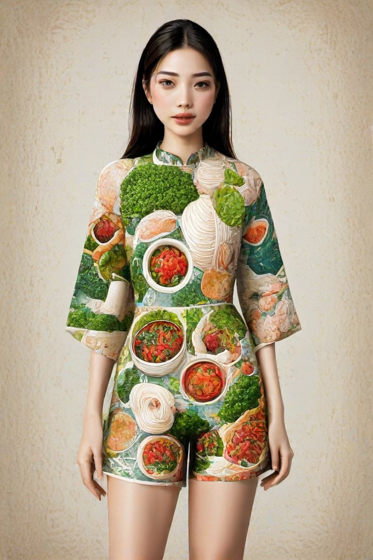 The image is an artistic representation of a female figure wearing a unique outfit. The outfit is a shirt and shorts that are designed to resemble a variety of the  Vietnamese white noodles, vegetables, meat, and sauces, arranged in a pattern that covers the entire garment. The figure is standing against a plain background with a textured appearance. Notable features include the detailed depiction of the food items on the clothing and the signature of the artist at the bottom right corner. The overall impression is one of creativity and fashion, blending the concept of clothing with culinary art.,Enhanced Realistic,Pho