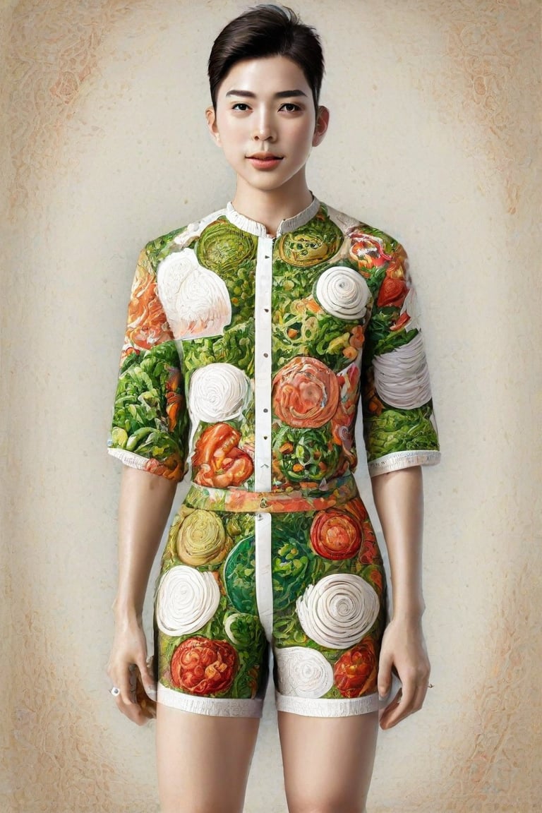 The image is an artistic representation of a male figure wearing a unique outfit. The outfit is a shirt and shorts that are designed to resemble a variety of the  Vietnamese white noodles, vegetables, meat, and sauces, arranged in a pattern that covers the entire garment. The figure is standing against a plain background with a textured appearance. Notable features include the detailed depiction of the food items on the clothing and the signature of the artist at the bottom right corner. The overall impression is one of creativity and fashion, blending the concept of clothing with culinary art.,Enhanced Realistic,Pho