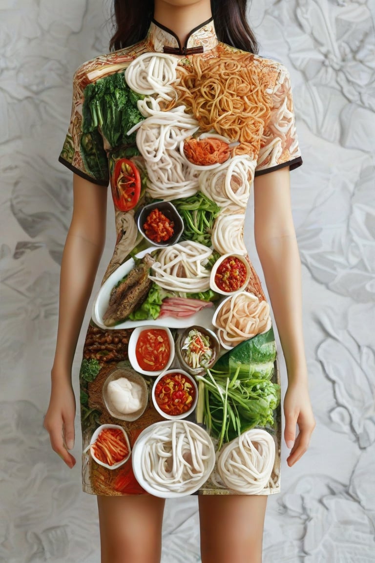 The image is an artistic representation of a female figure wearing a unique outfit. The outfit is a pencil dress that are designed to resemble a variety of the  Vietnamese white noodles, vegetables, meat, and sauces, arranged in a pattern that covers the entire garment. The figure is standing against a plain background with a textured appearance. Notable features include the detailed depiction of the food items on the clothing and the signature of the artist at the bottom right corner. The overall impression is one of creativity and fashion, blending the concept of clothing with culinary art.,Enhanced Realistic,Pho