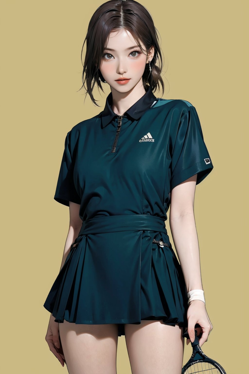 tennis girl outfit, 1girl, thigh up body, looking at viewer, hairstyle, detailed clothes, earrings, sanatw, magazine cover, green background,