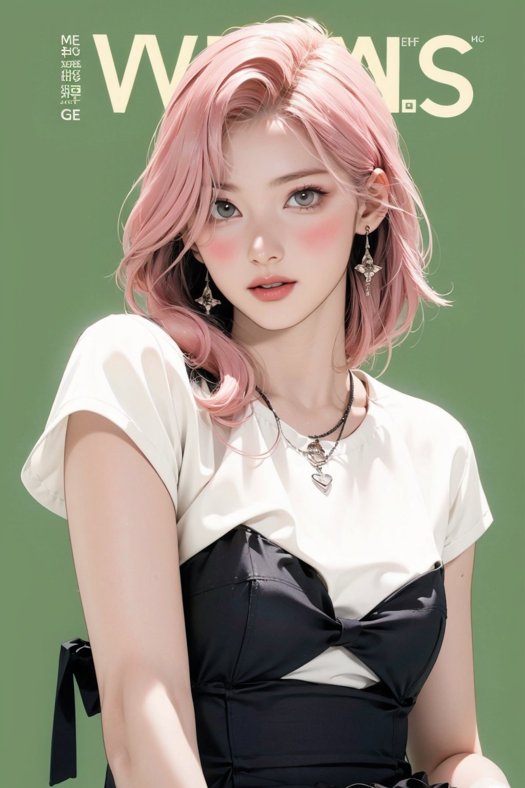 tennis girl outfit, 1girl, thigh up body, pink hair, looking at viewer, hairstyle, detailed clothes, earrings, sanatw, magazine cover, green background,