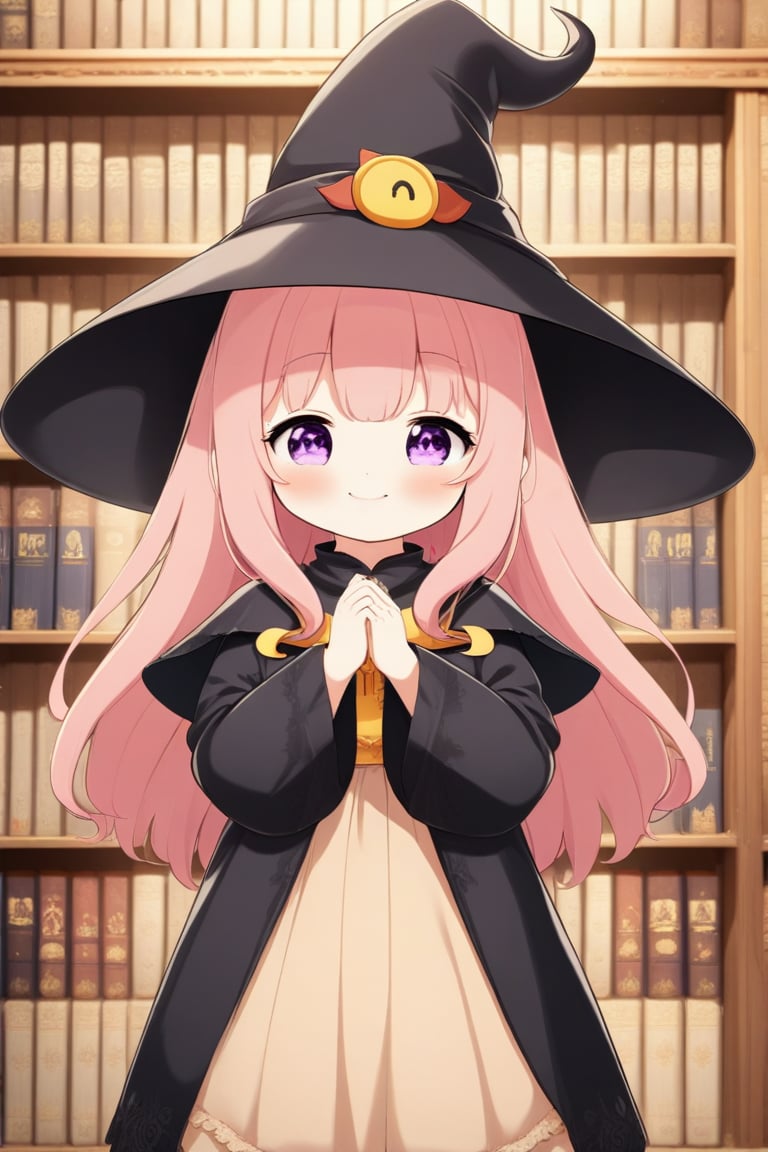 masterpiece, best quality, 1girl, looking at viewer, blush, smile, closed mouth, bangs, pink hair, long sleeves, dress, bow, long hair, purple eyes, standing, smug, indoors, cape, book, witch hat, frilled dress, own hands together, puffy long sleeves, bookshelf, black cape