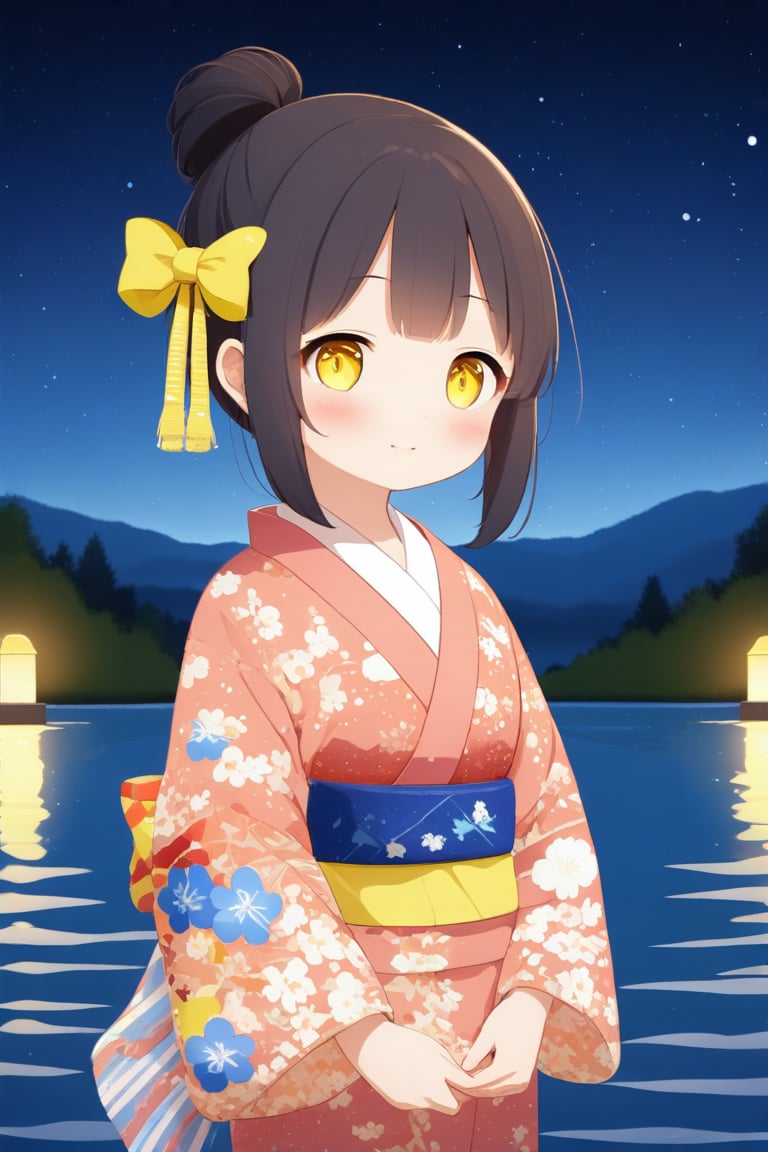 1girl, solo, looking at viewer, blush, bangs, brown hair, black hair, long sleeves, bow, brown eyes, closed mouth, standing, yellow eyes, ponytail, hair bow, sidelocks, outdoors, japanese clothes, sky, wide sleeves, kimono, water, looking to the side, sash, night, obi, floral print, moon, star sky, night sky, full moon, yellow bow, wading, starry sky, reflection, white kimono, print kimono, lake