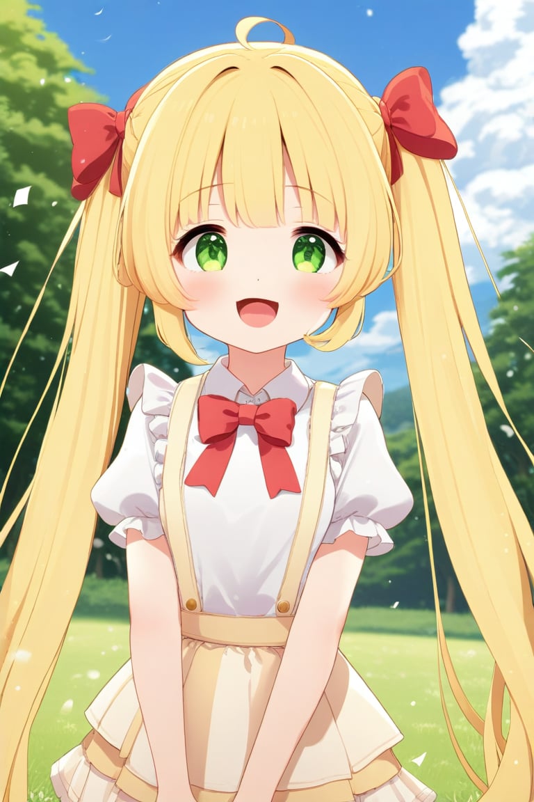 masterpiece, best quality, 1girl, solo, long hair, looking at viewer, blush, smile, open mouth, bangs, skirt, blonde hair, shirt, bow, twintails, very long hair, green eyes, white shirt, short sleeves, hair bow, pleated skirt, outdoors, frills, sky, sleeveless, day, puffy sleeves, collared shirt, cloud, red bow, tree, blue sky, puffy short sleeves, frilled skirt, yellow skirt