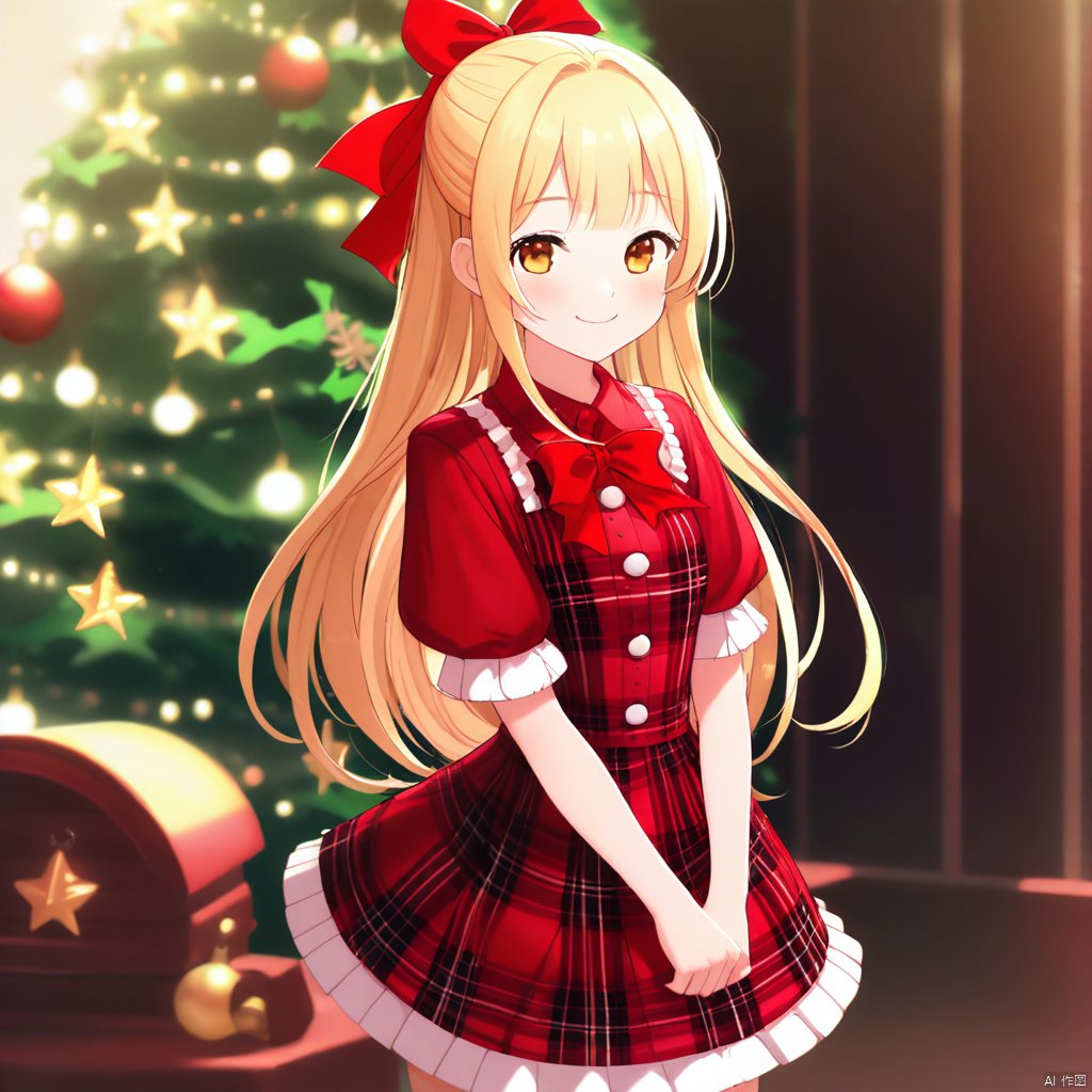 二次元风格,动漫风格,美丽的光影效果
,masterpiece, best quality, 1girl, solo, long hair, smile, dress, blurry, short sleeves, plaid, ribbon, red dress, looking at viewer, blonde hair, christmas tree, red ribbon, depth of field, hair ribbon, christmas, closed mouth, blush, blurry foreground, plaid dress, dutch angle, brown eyes, blurry background, christmas ornaments, hand up, jewelry, sidelocks, cage, standing, birdcage, half updo, yellow eyes