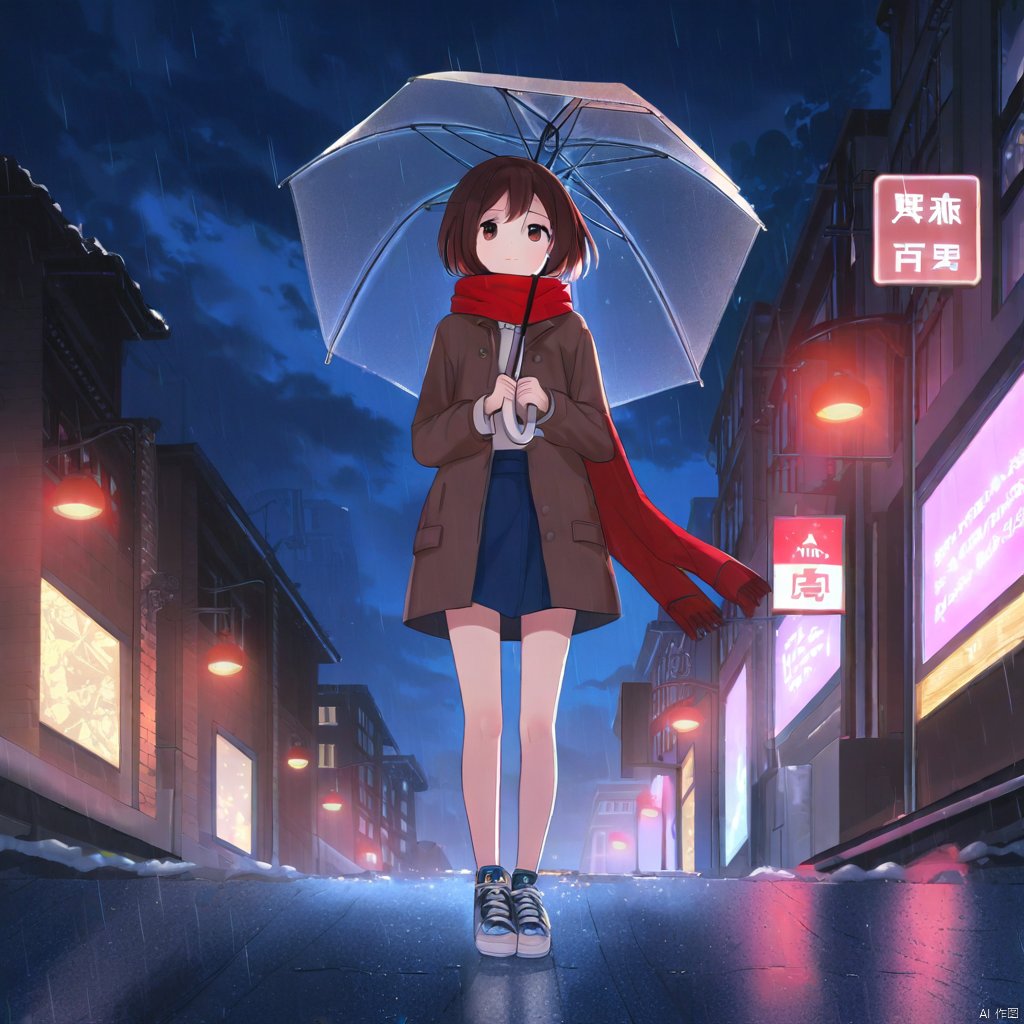 二次元风格,动漫风格,美丽的光影效果
,masterpiece, best quality, umbrella, scarf, holding umbrella, rain, skirt, outdoors, holding, red scarf, brown hair, 1girl, bag, sky, blue skirt, night, shoes, sneakers, pleated skirt, transparent, socks, coat, short hair, shirt, looking at viewer, brown eyes, transparent umbrella, city, standing, walking, building, open clothes, 1boy, cloud, long sleeves, white shirt, cloudy sky, parted lips, solo focus, jacket, miniskirt, shoulder bag, sign, lamppost, full body, open coat, road sign, puddle