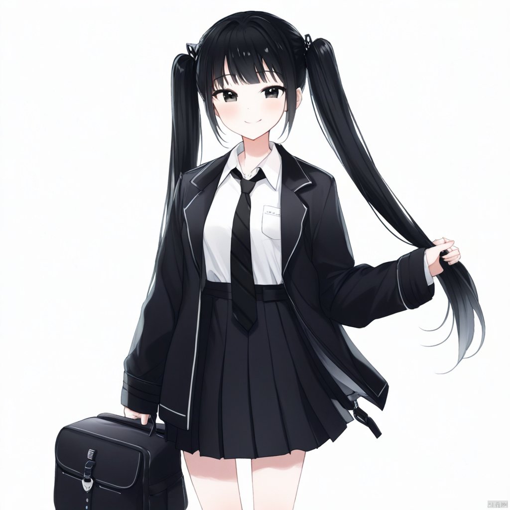 二次元风格,动漫风格,美丽的光影效果
,masterpiece, best quality, 1girl, solo, skirt, black hair, necktie, twintails, jacket, shirt, white shirt, smile, long hair, black jacket, black skirt, pleated skirt, white background, bag, black necktie, simple background, looking at viewer, collared shirt, thigh strap, black eyes, long sleeves, open clothes, open jacket, signature, off shoulder, shirt tucked in, blunt bangs, breasts, cropped legs, holding hair