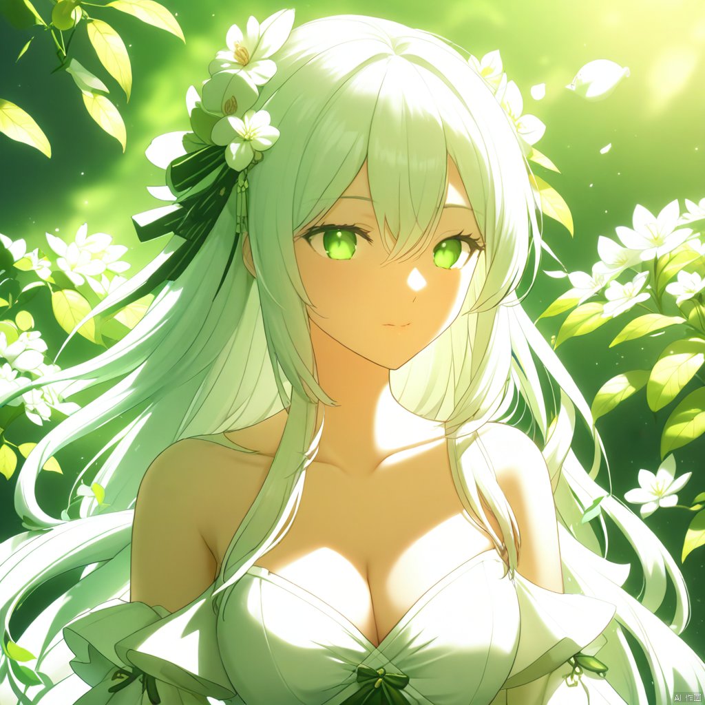 二次元风格,动漫风格,美丽的光影效果
,masterpiece, best quality, 1girl, breasts, solo, cleavage, long hair, green eyes, hair ornament, white hair, hair flower, dress, parted lips, flower, upper body, bare shoulders, white dress, detached sleeves, collarbone, large breasts, leaf, ribbon, green ribbon, green bow, green theme, bow, long sleeves, plant, medium breasts, white sleeves, sleeveless, sidelocks, sleeveless dress, very long hair