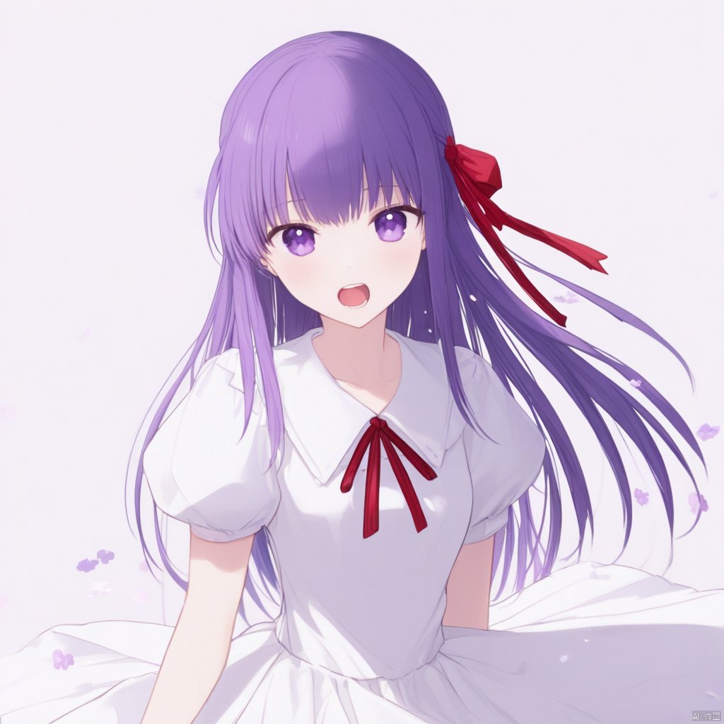 二次元风格,动漫风格,美丽的光影效果
,masterpiece, best quality, 1girl, solo, dress, long hair, official alternate costume, ribbon, purple hair, matou sakura, purple eyes, hair ribbon, white dress, open mouth, short sleeves, looking at viewer, red ribbon, puffy short sleeves, hair between eyes, puffy sleeves, breasts, petals, collared dress, collarbone