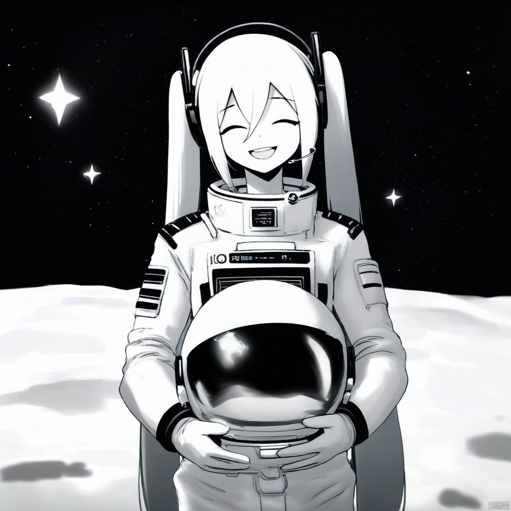 PVC手办风格,塑料小人风格,古风厚涂插画,masterpiece, best quality, 1girl, astronaut, hatsune miku, twintails, solo, spacesuit, closed eyes, space helmet, space, helmet, long hair, open mouth, headset, facing viewer, holding, smile, star \(sky\), planet, white hair, holding helmet, upper body, hair between eyes, earth \(planet\), unworn helmet, hair ornament, gloves, unworn headwear