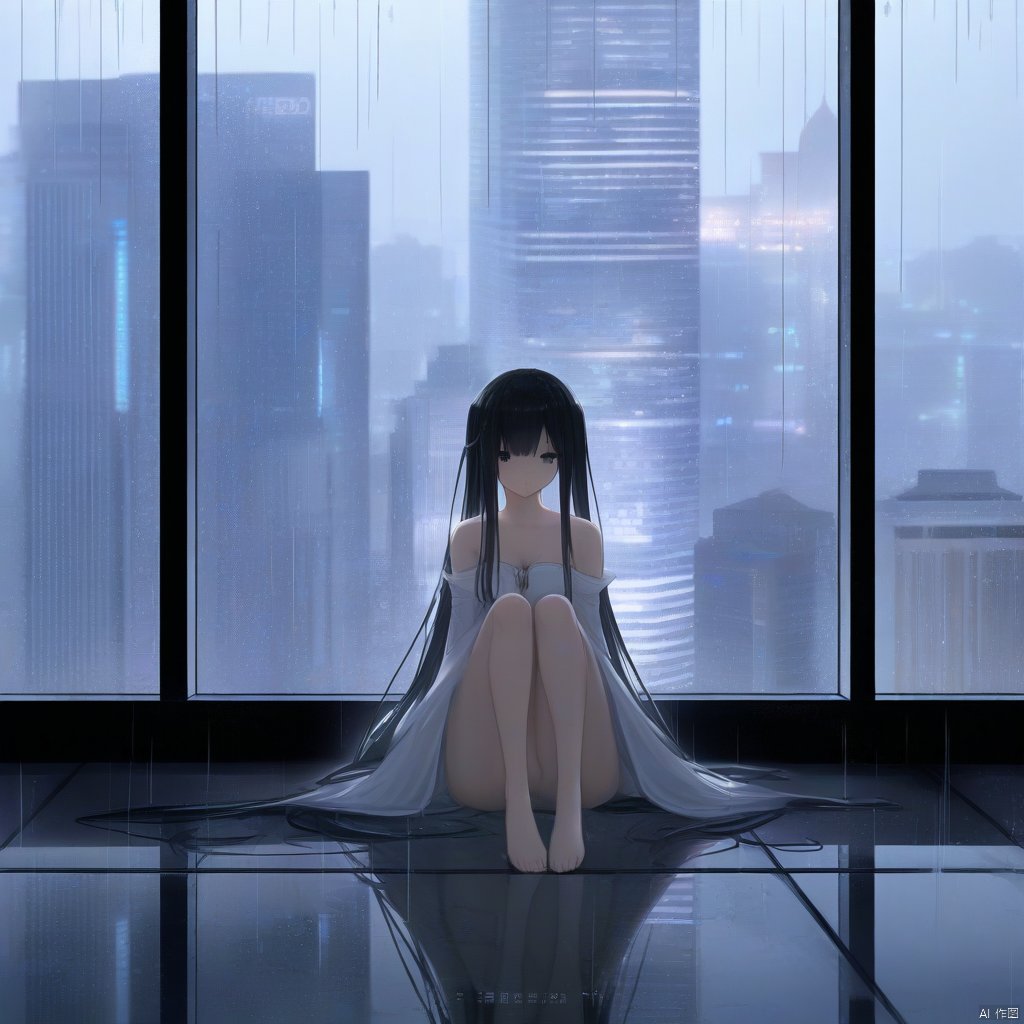 PVC手办风格,塑料小人风格,古风厚涂插画,masterpiece, best quality, 1girl, long hair, solo, dress, black hair, very long hair, rain, sitting, reflection, white dress, off shoulder, window, cityscape, indoors, looking at viewer, building, skyscraper, bare shoulders, city, city lights, short sleeves, brown eyes, off-shoulder dress, hand between legs, reflective floor, between legs