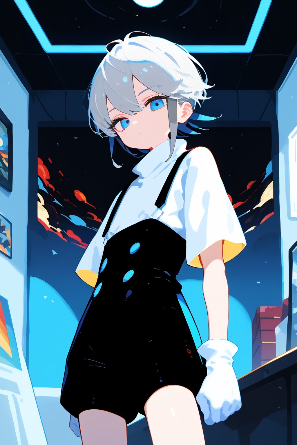 1girl, looking at viewer ,short hair ,bangs ,blue eyes ,gloves ,holding ,closed mouth,short sleeves ,grey hair,shorts ,white gloves ,turtleneck ,expressionless ,suspenders, dutch_angle, (1other),cowboy_shot,indoors,
 
,Nira-Chan, flat style, Colorful art, Vivid Colors,spot_colors, masterpiece, best quality, amazing quality, very aesthetic, absurdres, depth of field, score_9, score_8, score_7, score_6,