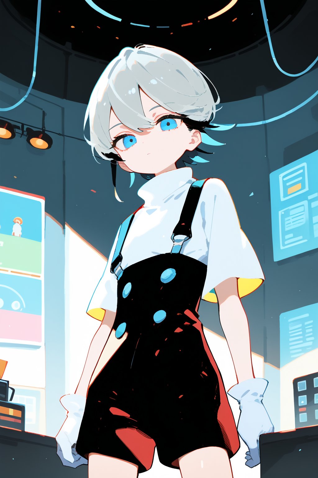 1girl, looking at viewer ,short hair ,bangs ,blue eyes ,gloves ,holding ,closed mouth,short sleeves ,grey hair,shorts ,white gloves ,turtleneck ,expressionless ,suspenders, dutch_angle, (1other),cowboy_shot,indoors,
 
,Nira-Chan, flat style, Colorful art, Vivid Colors,spot_colors, masterpiece, best quality, amazing quality, very aesthetic, absurdres, depth of field, score_9, score_8, score_7, score_6,