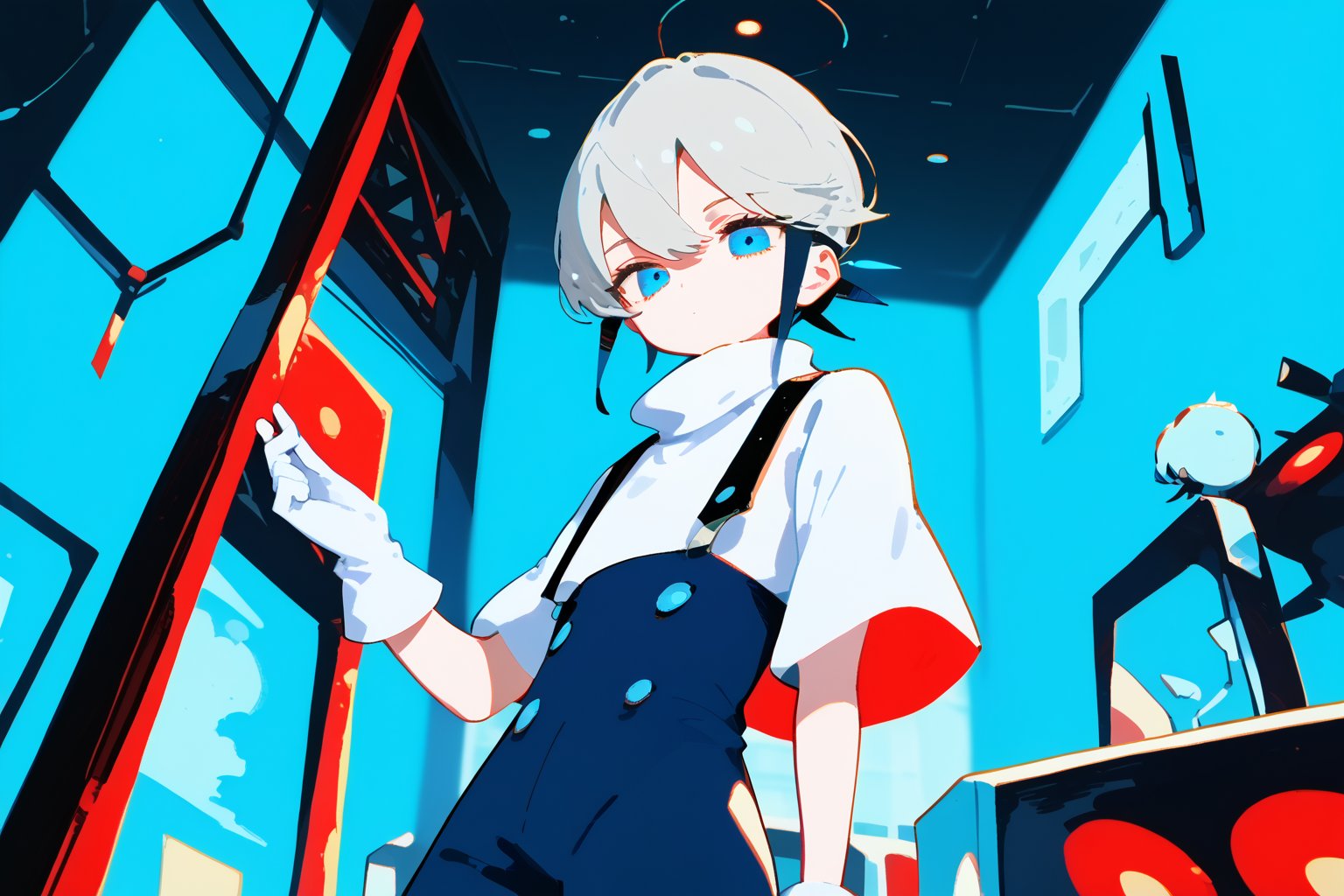 1girl, looking at viewer ,short hair ,bangs ,blue eyes ,gloves ,holding ,closed mouth,short sleeves ,grey hair,shorts ,white gloves ,turtleneck ,expressionless ,suspenders, dutch_angle,cowboy_shot,indoors,blue theme, ,Nira-Chan, flat style, Colorful art, Vivid Colors,spot_colors, masterpiece, best quality, amazing quality, very aesthetic, absurdres, depth of field, score_9, score_8, score_7, score_6,
