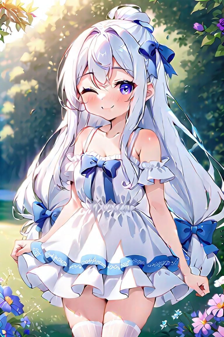 1 girl, blurred background, solo, long hair, chest, looking at viewer, blushing, smiling, bangs, blue eyes, hair accessory, knee-high socks, dress, ribbon, hair between eyes, bare shoulders, pigtails, very long hair, smiling, mouth closed, standing, purple eyes, collarbone, hair ribbon, flower, white hair, short sleeves, medium chest, outdoors, in the woods, frills, sleeves off, sleeveless, daytime, hands up, flower in hair, white dress, blurry, white knee-high socks, tree, zettai ryouiki, sleeveless dress, legs out of frame, halter neck, sunlight, frilly dress, white flower, purple flower, purple ribbon,kawaii,Anime style,1girl