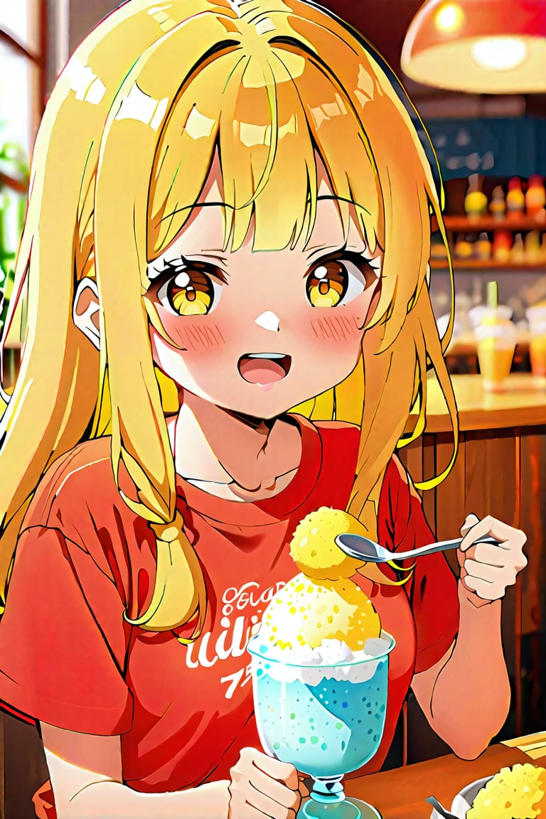 one girl, solo, long hair, looking at viewer, blushing, smiling, mouth open, bangs, blonde hair, shirt, holding in hand, brown eyes, sitting, yellow eyes, upper body, short sleeves, :d, food, teeth, indoors, red shirt, spoon, holding spoon, shaved ice,kawaii,Anime style,1girl