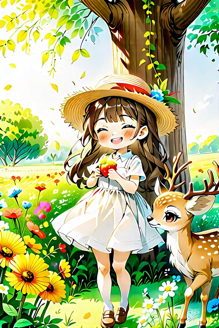 watercolor, little girl with a fawn, (ultimately adorable:1.4), (incredibly cute:1.4), (super kawaii:1.4), wariza, white dress, straw hat, very happy, full body, at the base of a large tree, many flowers and plants, warm sunshine, heartwarming scene, (masterpiece, best quality, ultra-detailed, very clear),Anime style