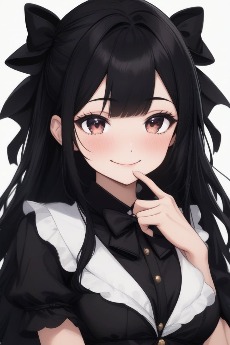 portrait, a girl with long black hair. She has a smile on her face and her hands are resting on her cheeks. She is wearing a black dress with a white collar and a black bow tie. Her hair is styled in a half-up, half-down style with bangs framing her face.