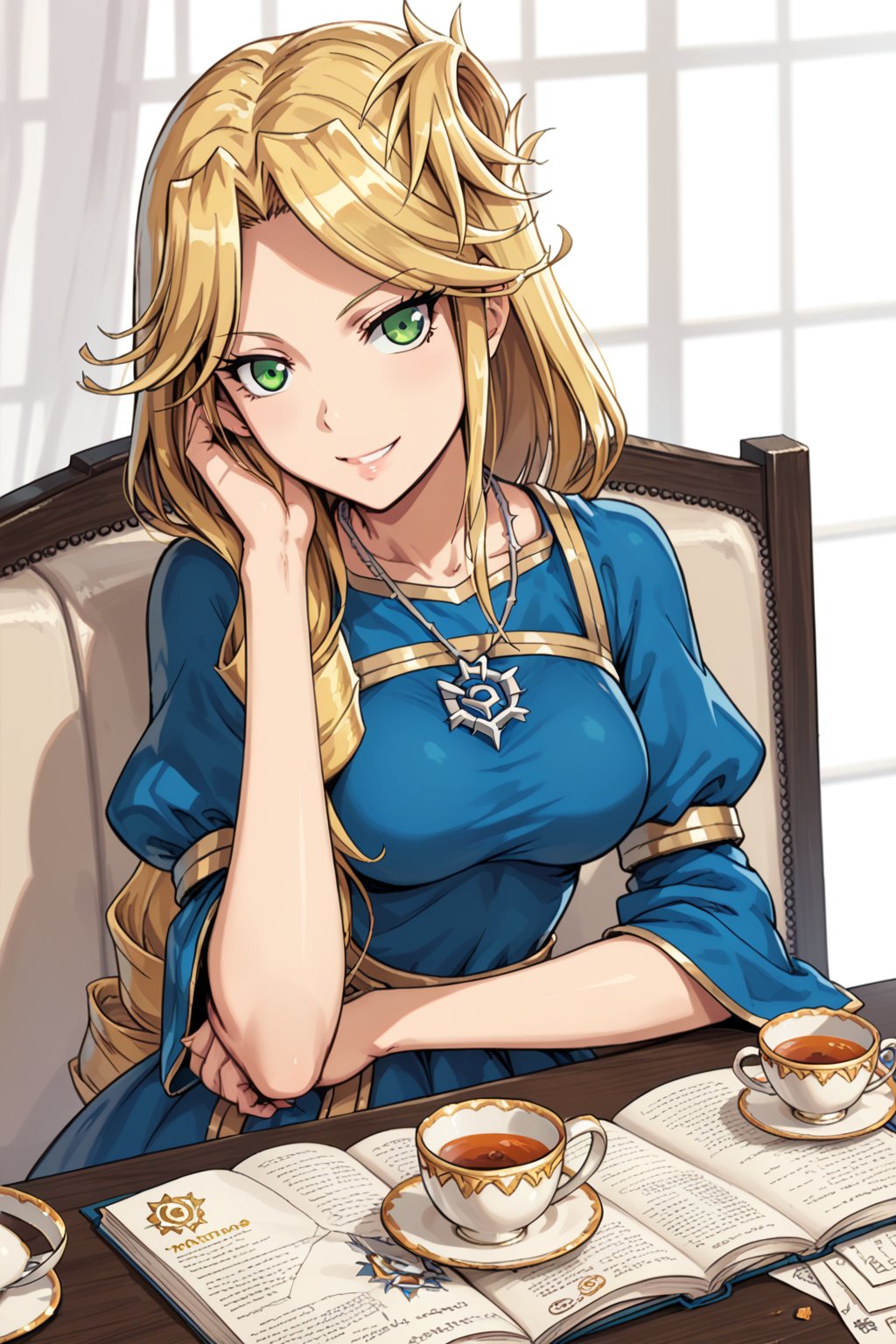 Smile ,  tea time ,
BREAK , 
score_9, score_8_up, score_7_up, score_6, score_5, score_4, ( masterpiece , ultra Detailed )  ,
1girl, lakyus alvein dale aindra, overlord \(maruyama\), blonde hair, green eyes,
(lakyusout2:1.45), blue dress, long sleeves, necklace,