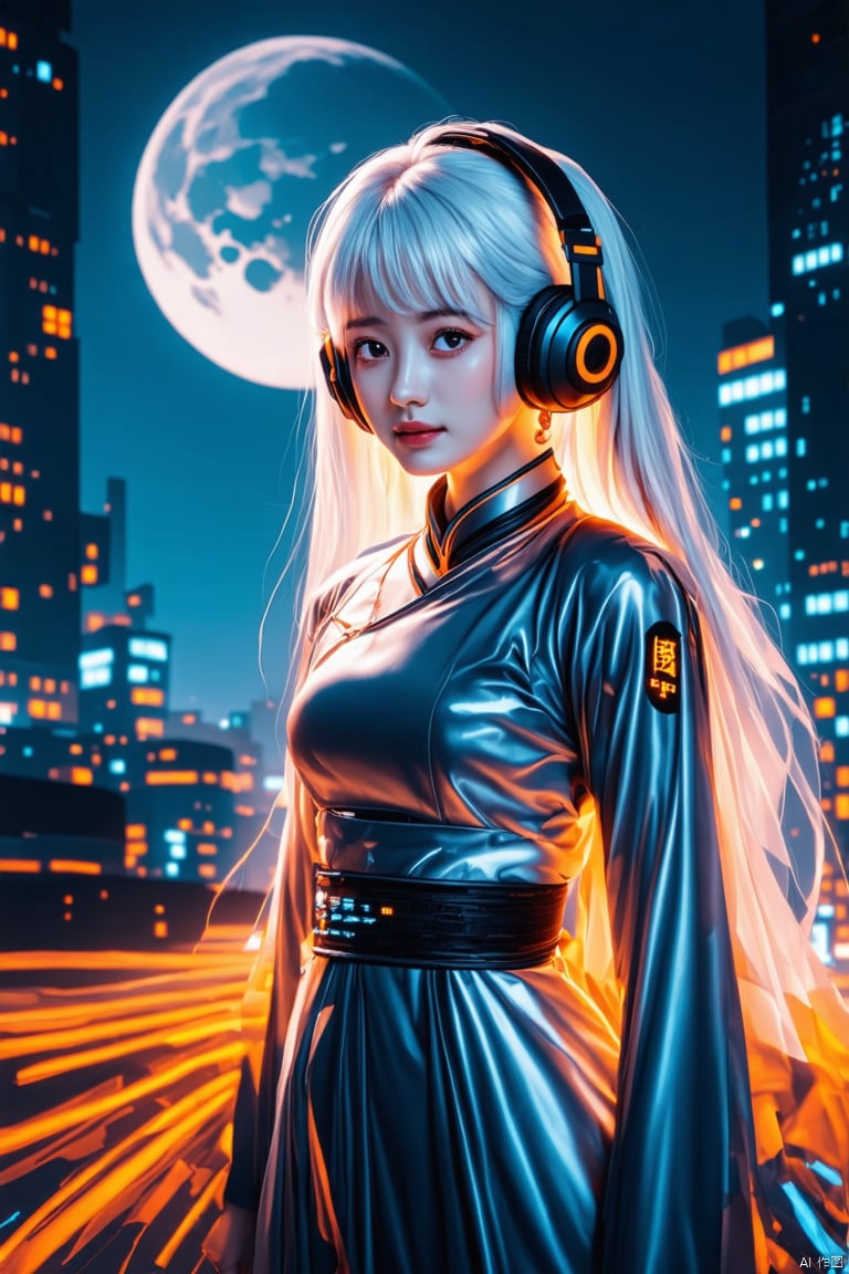 1 girl, information flow text, Chinese clothing, liquid silver and orange, cyberHanfu, cyberpunk city, dynamic posture, detailed glowing headphones, glowing hair accessories, long hair, glowing earrings, glowing necklace, cyberpunk, high-tech city, full of mechanical and futuristic elements, futurism, technology, glowing neon lights, orange, orange light, transparent gauze, transparent ribbon, laser, digital background city sky, big moon, with vehicle, best quality, masterpiece, 8K, character edge light, ultra-high details, high quality, the most beautiful woman in human beings, slight smile, symmetrical face and left and right, ear decoration, beautiful pupils, lighting effects, visual data, silver white hair, super Detail facial texture

