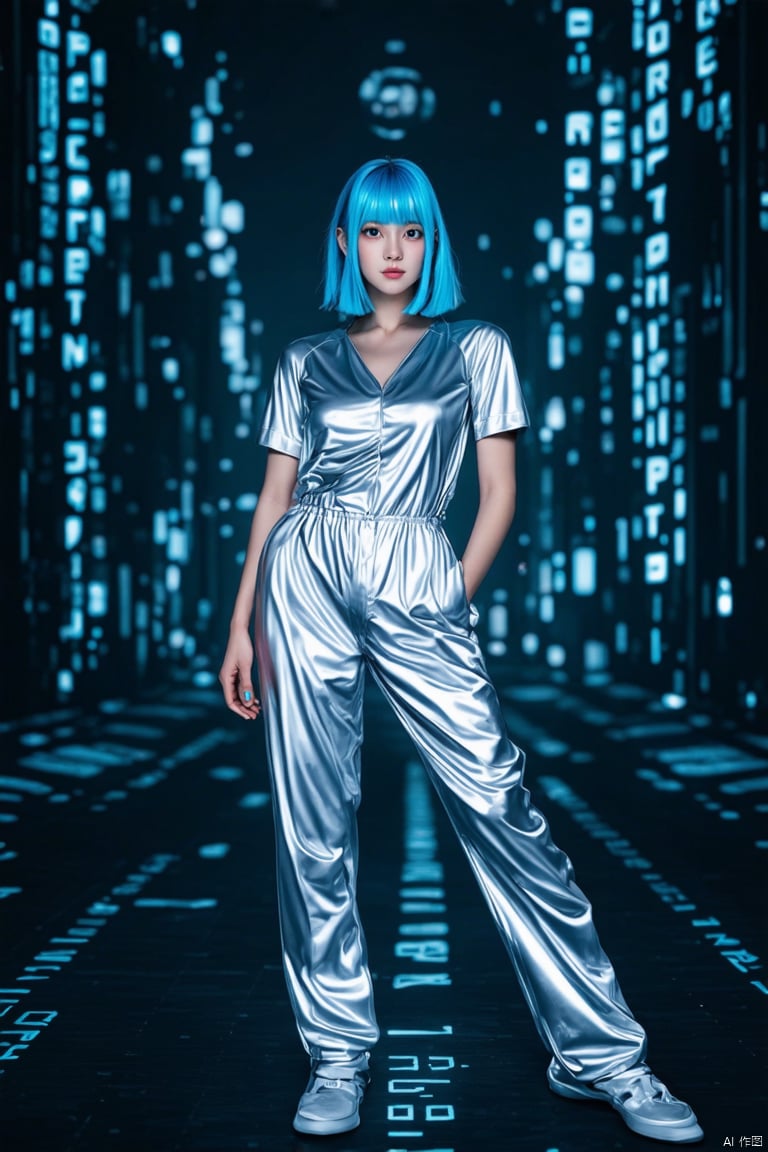 Portrait photography, realistic, full body, featuring a girl with blue hair wearing a silver jumpsuit, surrounded by glowing text, in a dimly lit future environment. The English characters are completely random, forming a full screen matrix. The characters on the screen are projected onto the beautiful woman, a high-tech city full of mechanical and futuristic elements. Futurism, 135mm, aperture 1.4, best quality, masterpiece, 8K, ultra-high detail, high quality,

