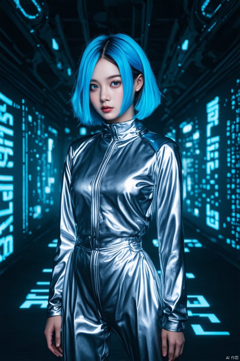 Portrait photography, realistic, full body, featuring a girl with blue hair wearing a silver jumpsuit, surrounded by glowing text, in a dimly lit future environment. The English characters are completely random, forming a full screen matrix. The characters on the screen are projected onto the beautiful woman, a high-tech city full of mechanical and futuristic elements. Futurism, 135mm, aperture 1.4, best quality, masterpiece, 8K, ultra-high detail, high quality,

