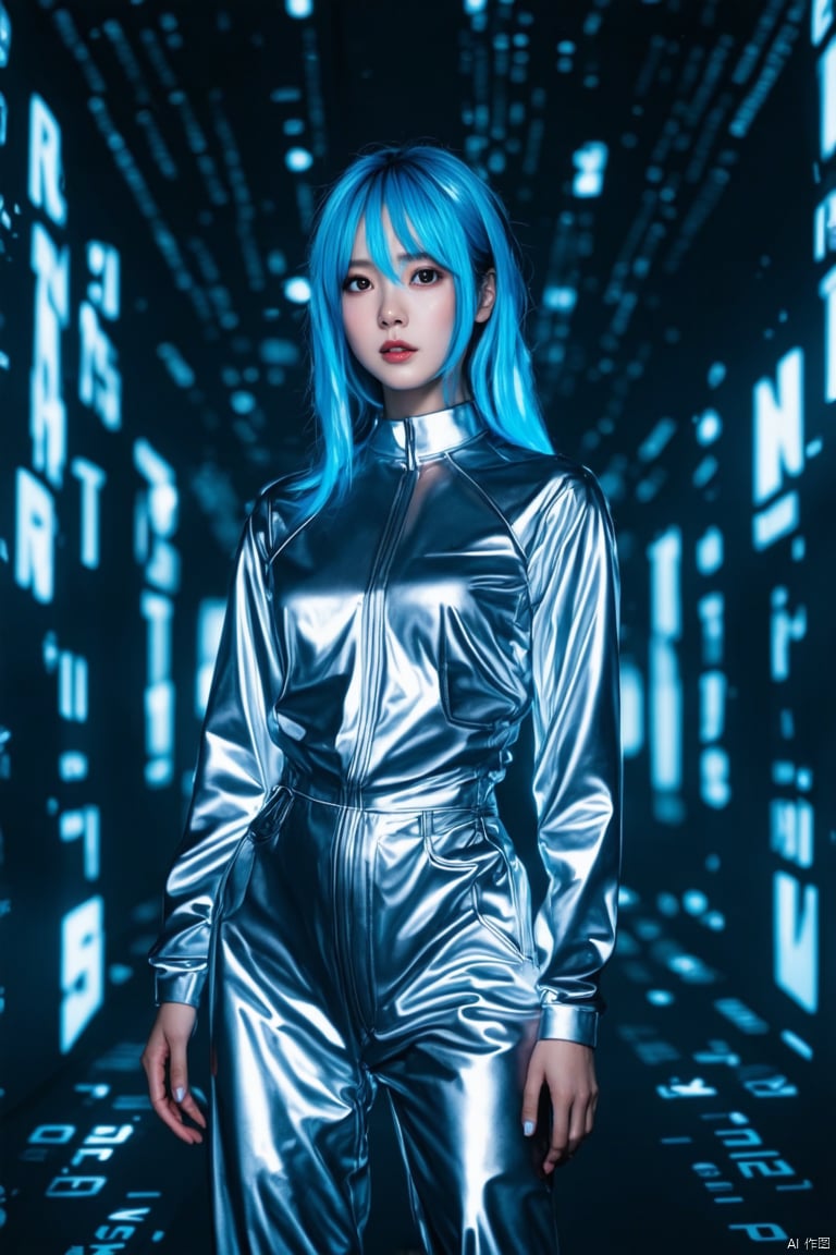 Portrait photography, realistic, full body, featuring a girl with blue hair wearing a silver jumpsuit, surrounded by glowing text, in a dimly lit future environment. The English characters are completely random, forming a full screen matrix. The characters on the screen are projected onto the beautiful woman, a high-tech city full of mechanical and futuristic elements. Futurism, 135mm, aperture 1.4, best quality, masterpiece, 8K, ultra-high detail, high quality,

