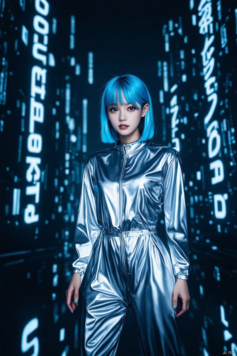 Portrait photography, realistic, full body, featuring a girl with blue hair wearing a silver jumpsuit, surrounded by glowing text, in a dimly lit future environment. The English characters are completely random, forming a full screen matrix. The characters on the screen are projected onto the beautiful woman, a high-tech city full of mechanical and futuristic elements. Futurism, 135mm, aperture 1.4, best quality, masterpiece, 8K, ultra-high detail, high quality,

