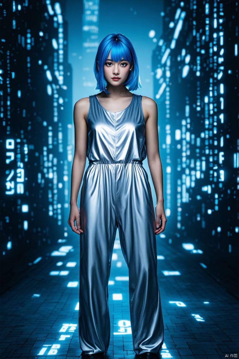 Portrait photography, realistic, full body, featuring a girl with blue hair wearing a silver jumpsuit, surrounded by glowing text, in a dimly lit future environment. The English characters are completely random, forming a full screen matrix. The characters on the screen are projected onto the beautiful woman, a high-tech city full of mechanical and futuristic elements. Futurism, 135mm, aperture 1.4, best quality, masterpiece, 8K, ultra-high detail, high quality,

