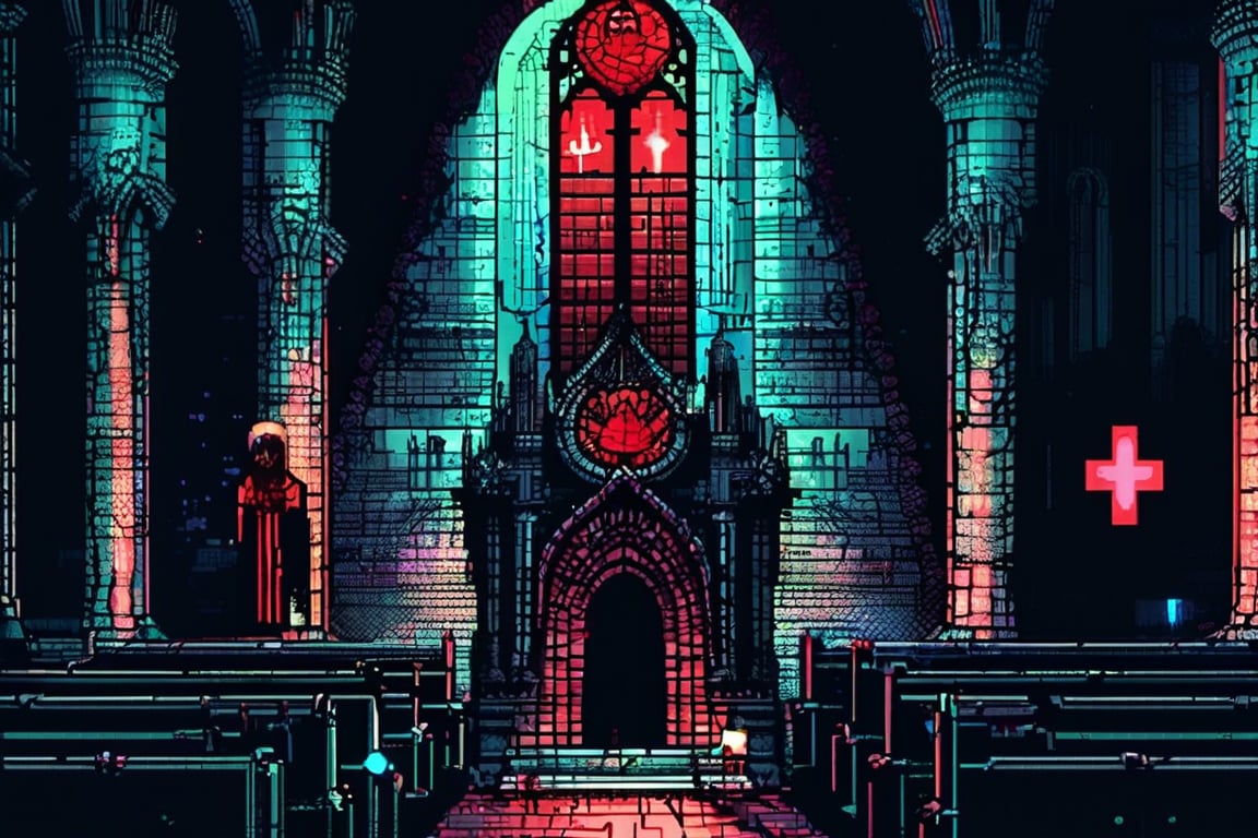 A pixel art scene of a cursed chapel. The stained glass windows are shattered, and the pews are rotting. An eerie red glow comes from the altar, where an old, tattered book lies open. Strange symbols are etched into the stone floor, and ghostly figures float through the aisles.