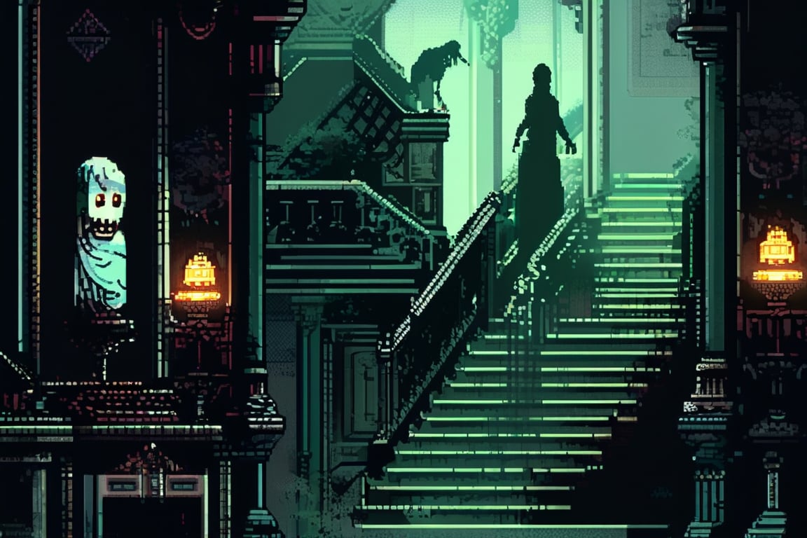 A pixel art depiction of a haunted mansion. The grand staircase is covered in dust, and portraits on the walls have eyes that seem to follow you. Candles flicker, casting long shadows. An eerie mist floats through the rooms, and ghostly figures appear in the corners.