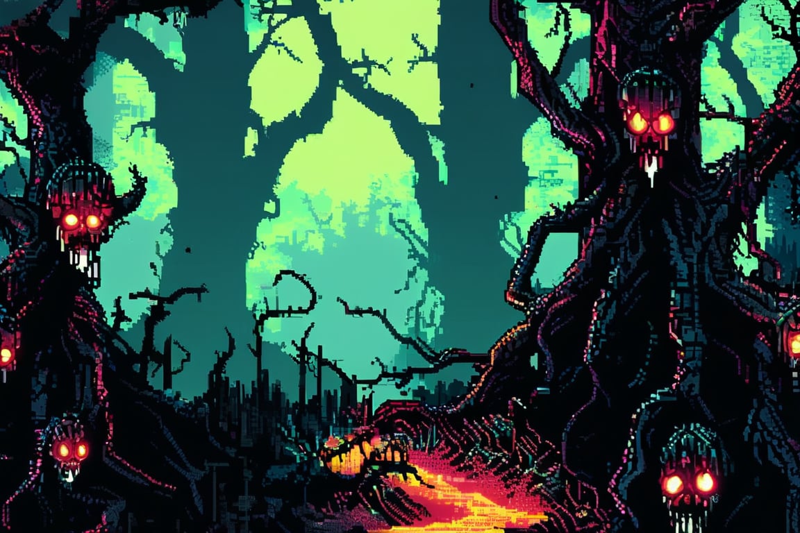 A pixel art image of a haunted forest. The trees are twisted and gnarled, with faces appearing in the bark. A thick fog covers the ground, and glowing eyes can be seen in the darkness. The path is overgrown, leading to an unknown destination.