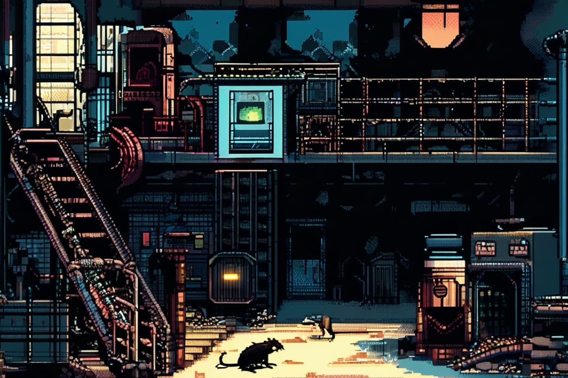 A pixel art scene of an abandoned factory. Rusty machinery and conveyor belts are covered in dust and cobwebs. Broken windows let in slivers of light, and rats scurry across the floor. Strange noises echo through the empty space.