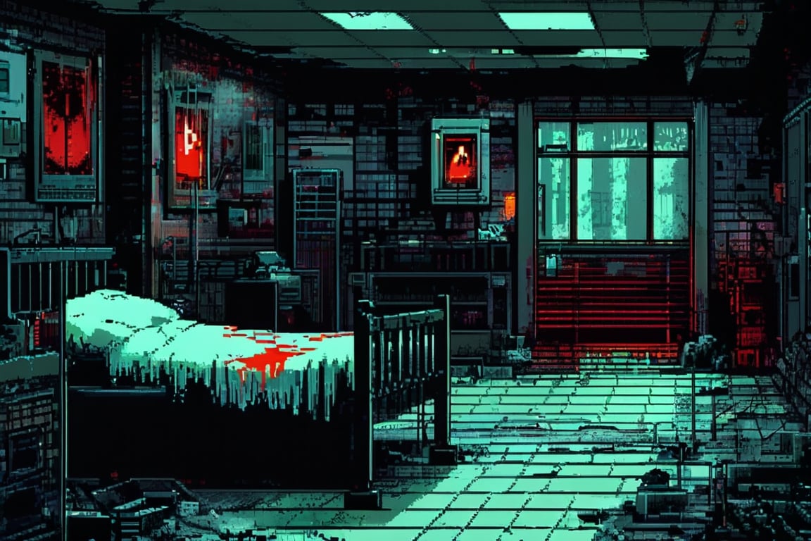 A pixel art image of an abandoned hospital. The hallways are dark and filled with debris. Old medical equipment is scattered around, and some rooms have bloodstains on the walls. Broken windows let in shafts of moonlight, casting haunting shadows.