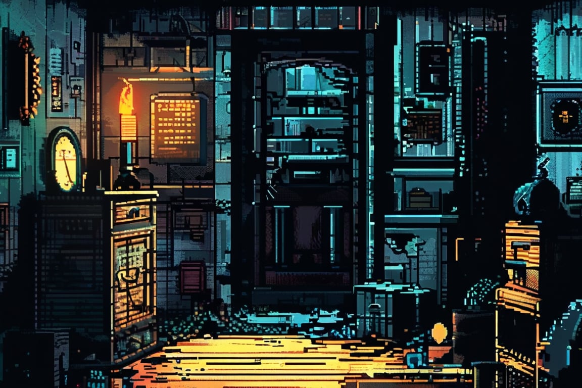 A pixel art image of a mysterious basement. The room is dimly lit by a single, flickering bulb. Old furniture and boxes are covered in dust. Strange symbols are drawn on the walls, and an ancient, locked chest sits in the corner.