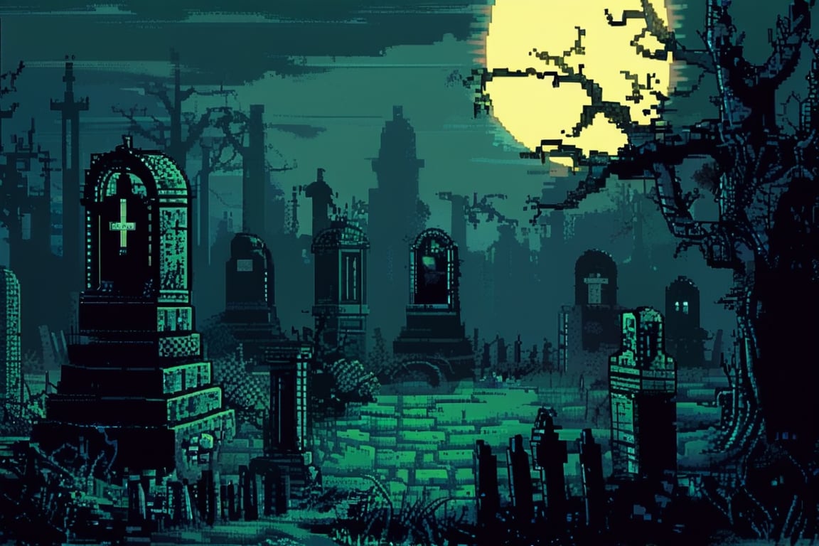 A pixel art depiction of a graveyard at midnight. Tombstones are scattered around with some cracked and leaning. Fog rolls over the ground, and ghostly figures can be faintly seen. The full moon illuminates the spooky atmosphere, and an old, twisted tree stands in the middle.