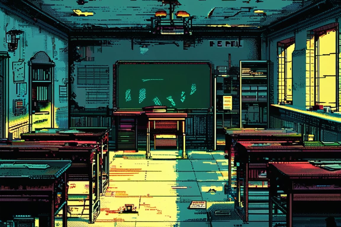 A pixel art depiction of an abandoned school. Desks and chairs are overturned, and the chalkboard has cryptic messages written in faded chalk. Lockers are ajar, and the floors are littered with old papers. Shadows move in the corners of your vision.