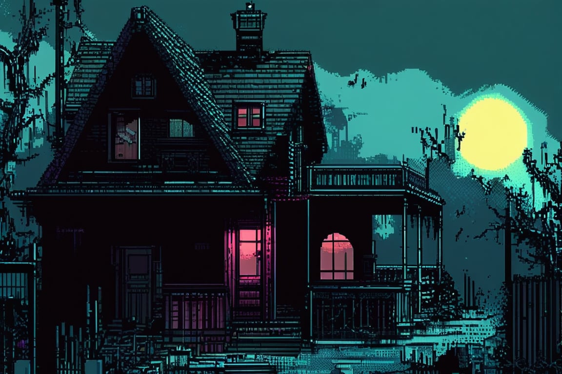 A pixel art scene of a dark, abandoned house. The windows are broken, and the door is slightly ajar. Cobwebs hang from the corners, and the wallpaper is peeling off. The moonlight casts eerie shadows, and a flickering light bulb hangs from the ceiling.