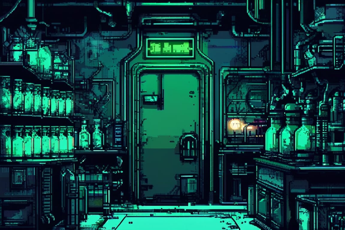 A pixel art scene of a mysterious laboratory. The room is dimly lit with green and blue hues from glowing chemical bottles. Strange machinery is placed around the room, some of it sparking. A large metal door at the back looks ominous and secure.