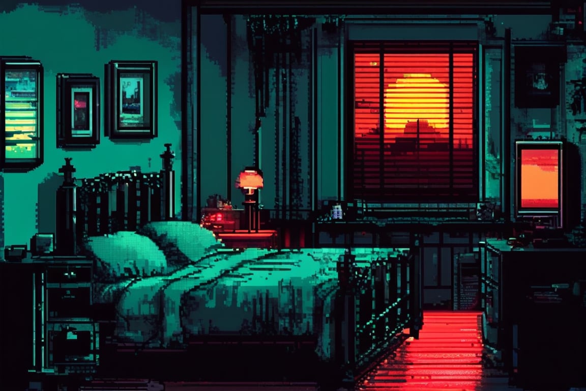 A pixel art image of a dark, cozy bedroom. The room is dimly lit with a greenish-blue hue. The bed is neatly made with pillows and a blanket. There is a window with red light seeping through the curtains, indicating a sunset or sunrise. The room is filled with vintage furniture, including a dresser, a nightstand with a lamp, and a small TV on a table.