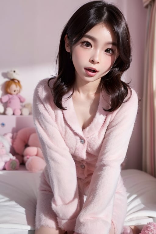 (solo), (1 girl), (looking at viewer), (face focus), (bed), (simple background), (stuffed animal), (stuffed toy),

(pov), (pink pajamas), (surprised), (open mouth),

Detailedface, (ultra-detailed), high quality skin texture rendering, (highest quality),  8k, (best quality), (masterpiece, best quality:1.5), Realistic, (Isabe11a)