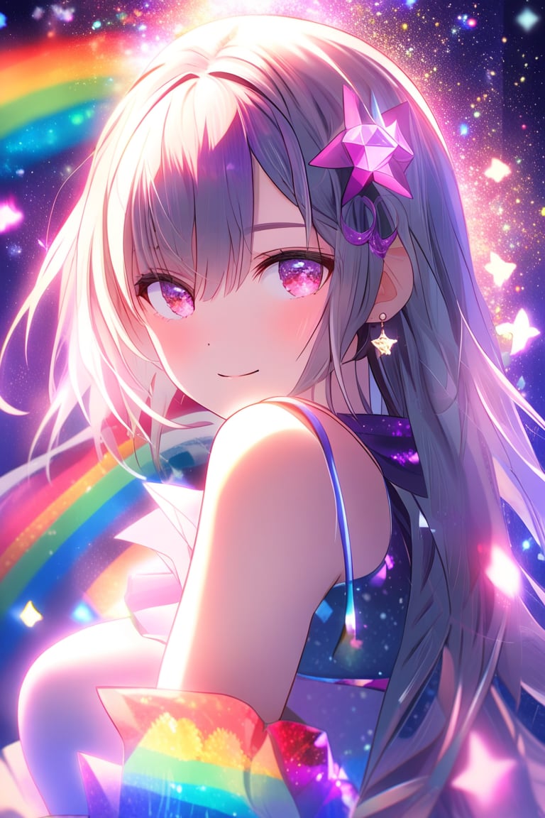 (masterpiece), best quality, 1girl, glitter, high_resolution, detailed, portrait, shiny skin, multicolor, Anime Style