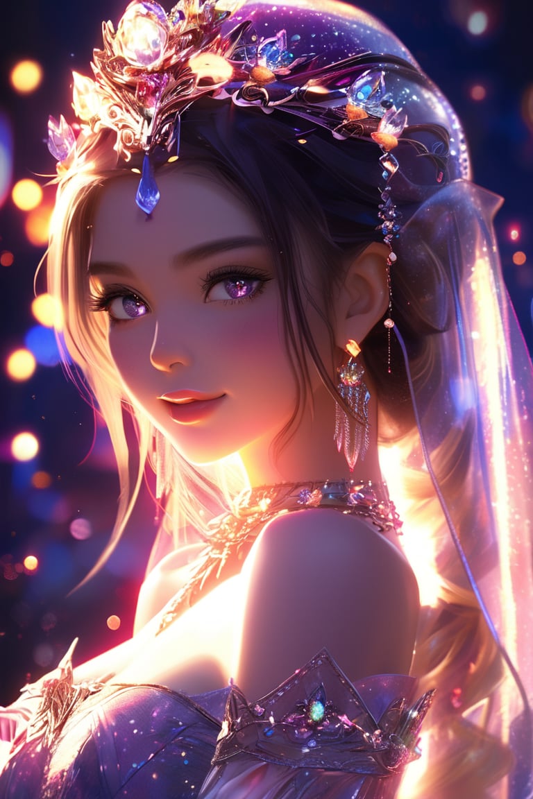 (masterpiece), (best quality), (ultra-detailed), extremely detailed illustration of gorgeous woman wearing haute couture, stylish, backlit, highly illuminated, colorful crystal, awesome hair, closeup, visually rich, raytraced, whimsical, JRPG, enchanting, emotionally evocative, detailed environment, fantastical, imaginative, visually rich, atmospheric, zoomed, glitter,shiny