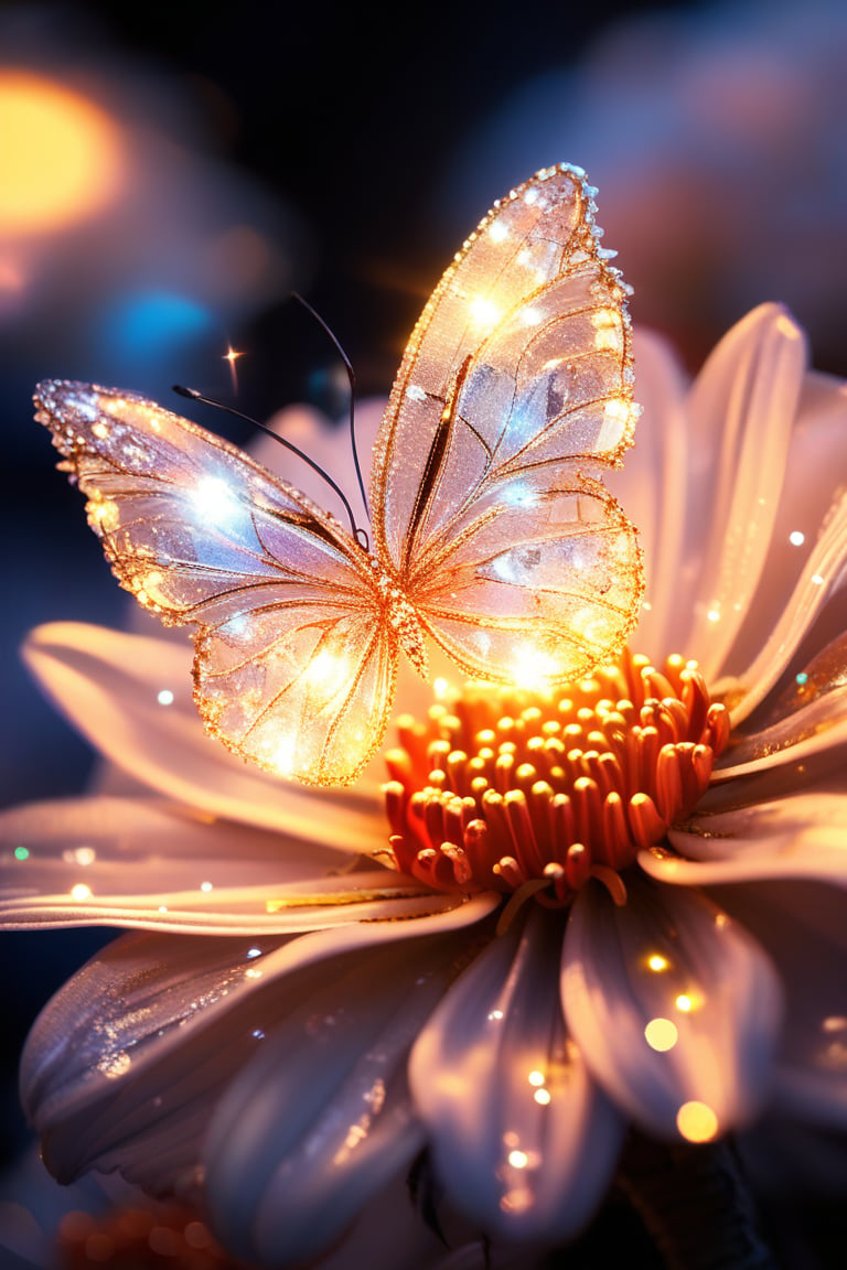 close up, crystal butterfly, on flower, lots of fairy lights, intricate details, texture, depth, vitality, movement, dynamics, energy, vitality, glowing lighting, soft lighting, fantastic, epic scene, super detailed, 8K., Miki Asai Macro photography, close-up, hyper detailed, trending on artstation, sharp focus, studio photo, intricate details, highly detailed, by greg rutkowski, AuroraStyle, style-hamunaptra, OverallDetail, oil pastel, transparent, translucent,glitter, shiny